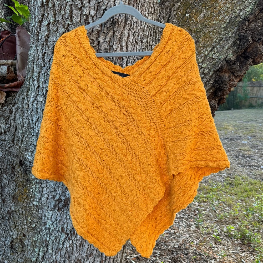 Vintage 90s Rey Wear hand knit orange cable knit poncho.Made in Bolivia.One Size